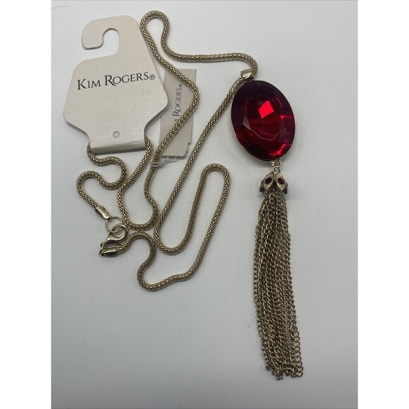 Kim Rogers Gold Tone Red Stone Tassel Long Necklace. - Picture 6 of 10